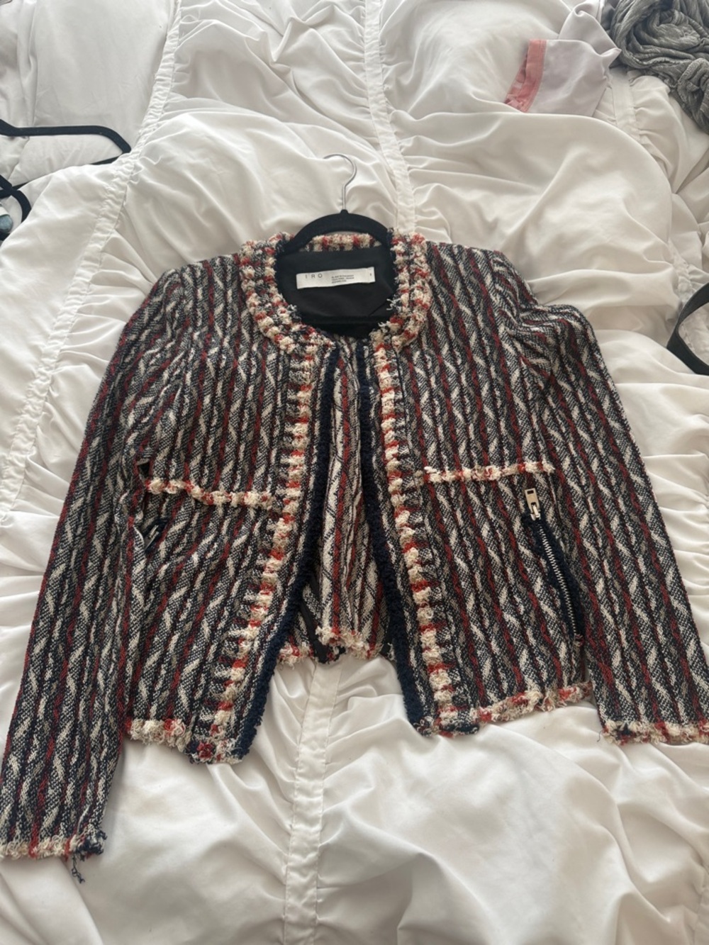 IRO Multicolor Tweed Cropped Blazer with Fringe Trim